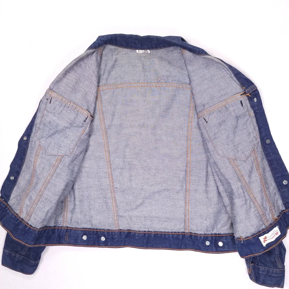 Vintage Levis Gals Denim Trucker Jacket Dark Wash White Tab‎ Big E Size L 70s